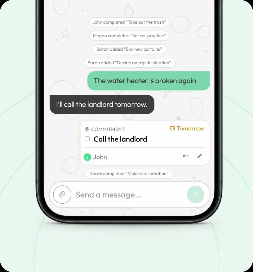 The Stream tab of the app, showing a household conversation with a commitment card already pinned to the Record.