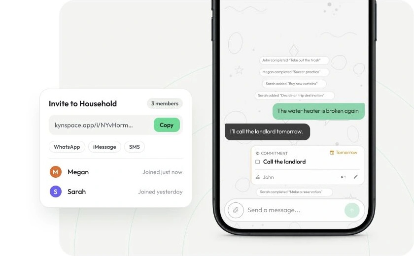 A household Stream with a pinned commitment and an invitation card showing a shareable link and joined members.
