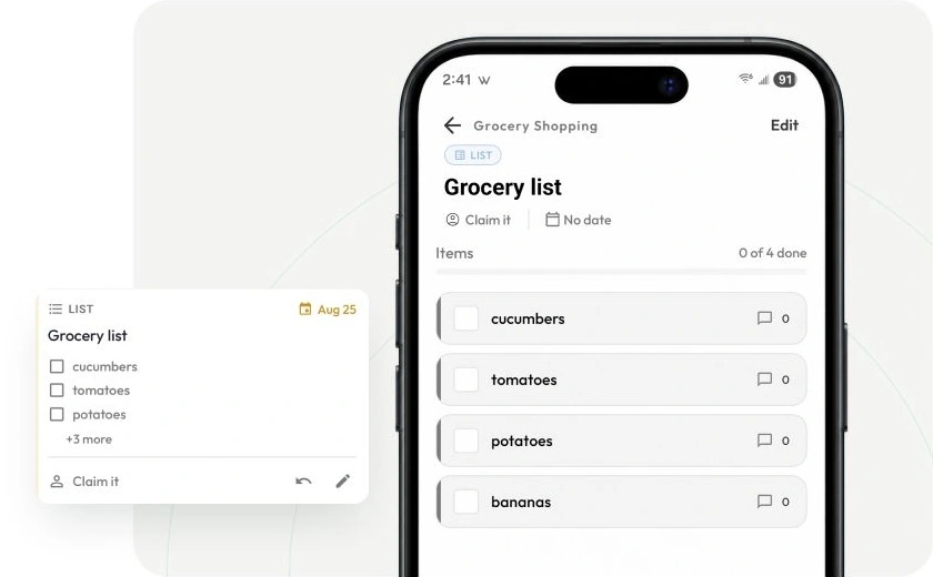 A shared grocery checklist with cucumbers, tomatoes, potatoes and bananas, alongside its Stream preview card.