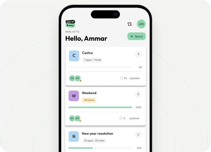 The Spaces screen showing Costco, Weekend and New year resolution, each with members and progress.