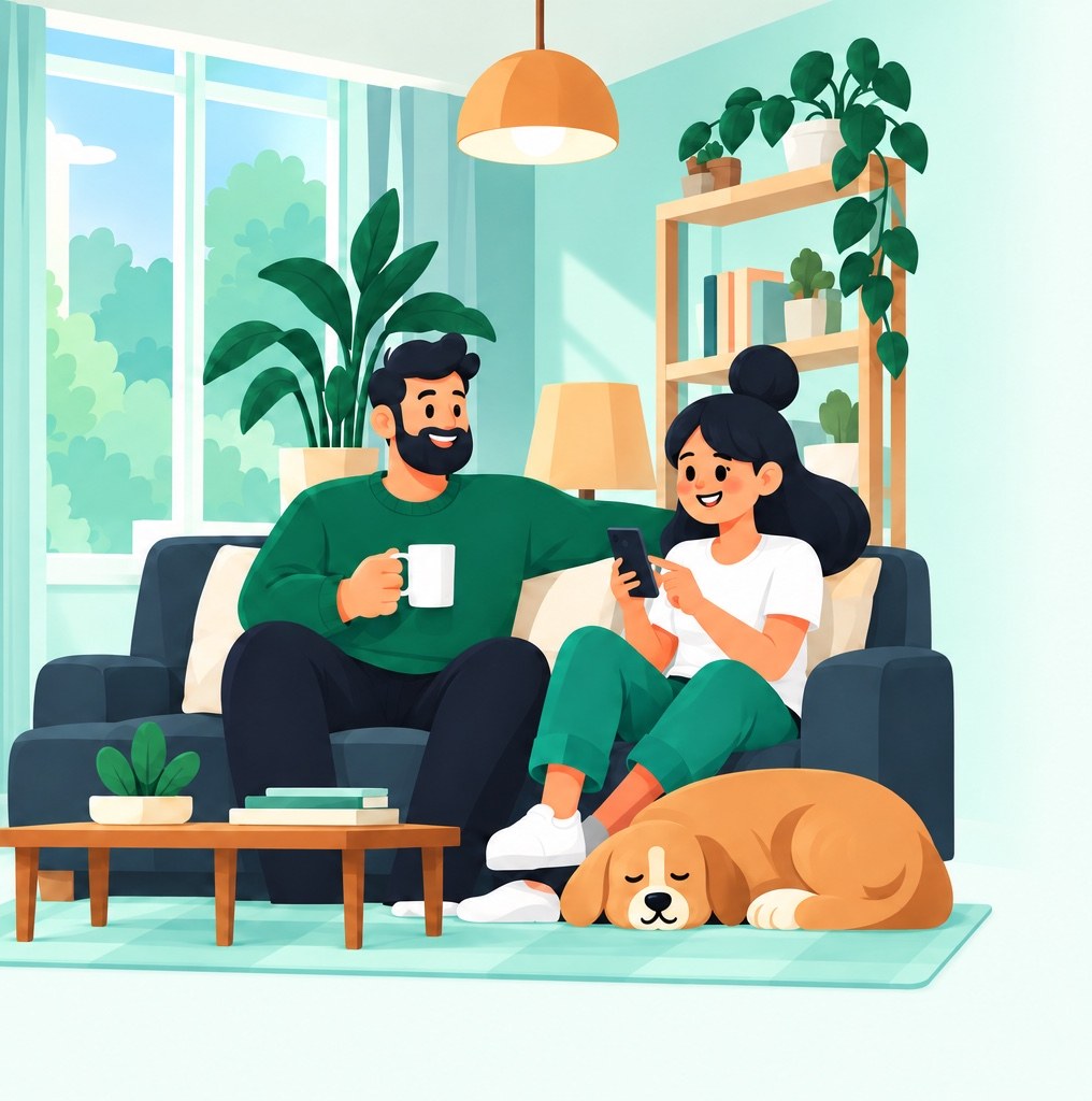 A couple relaxing on their couch with their dog, chatting and looking at a phone together.